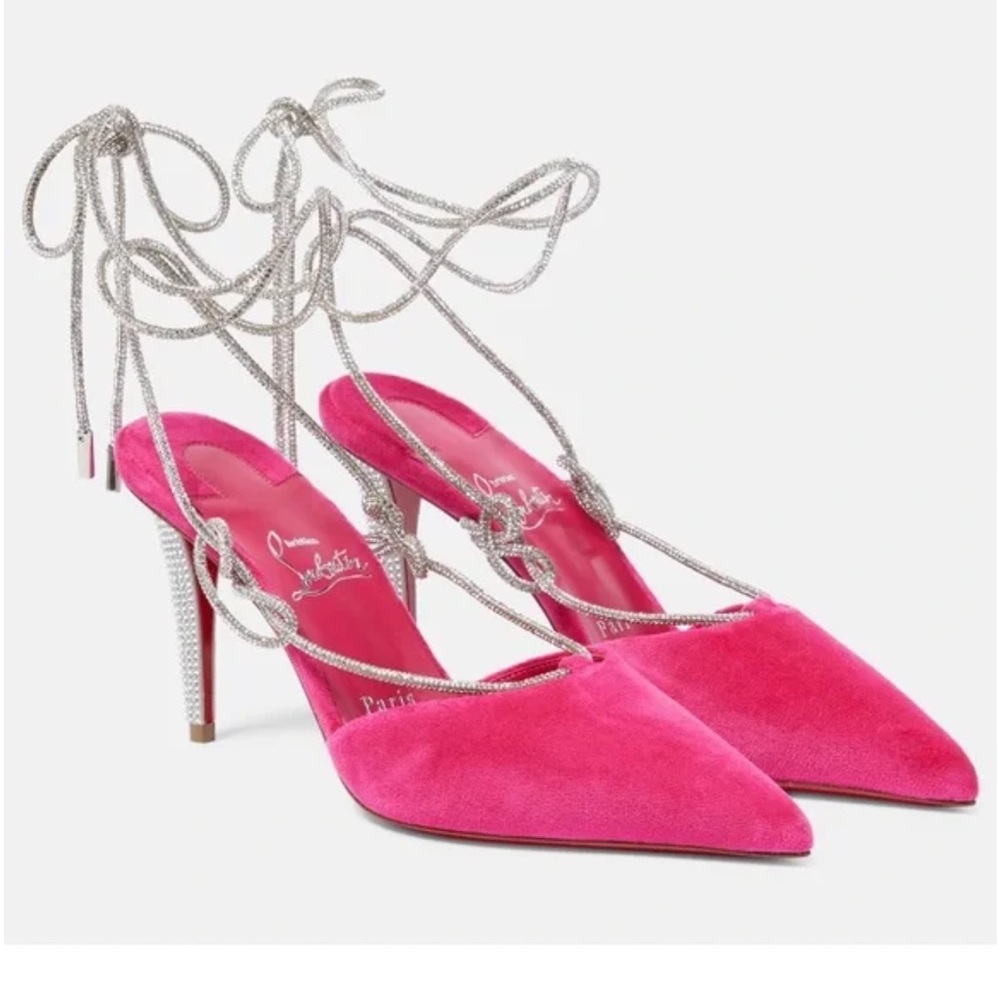 CHRISTIAN LOUBOUTIN | Astrid Lace Strass Pink Suede 85 Ankle Wrap Heels